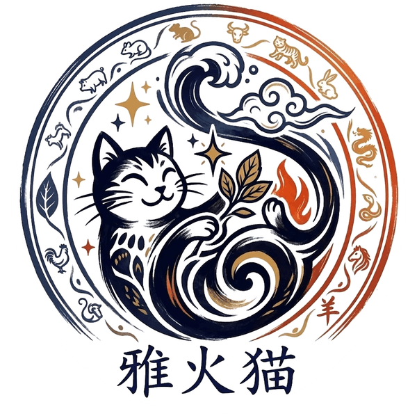 Terres d'équilibre MTC — chat de feu Yin Yang entouré des douze animaux du zodiaque chinois, symbole du cabinet