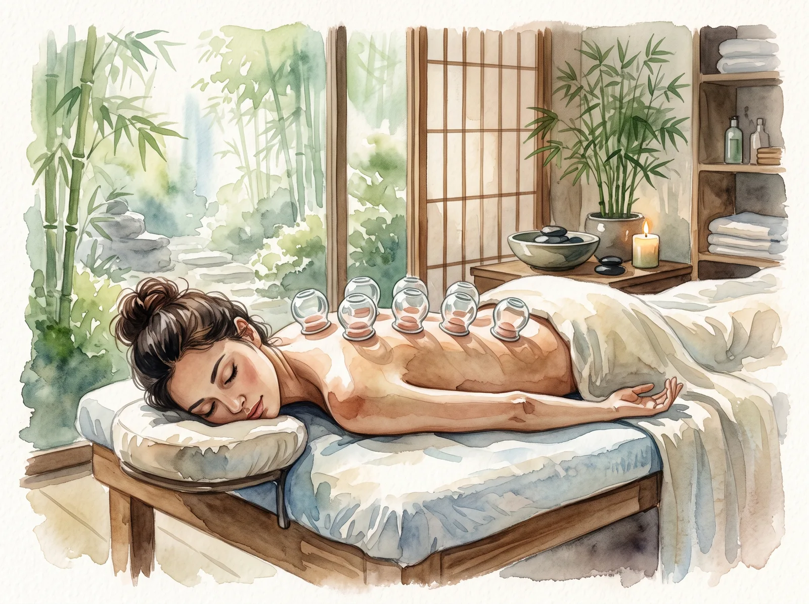 Ventouses en médecine traditionnelle chinoise — illustration aquarelle